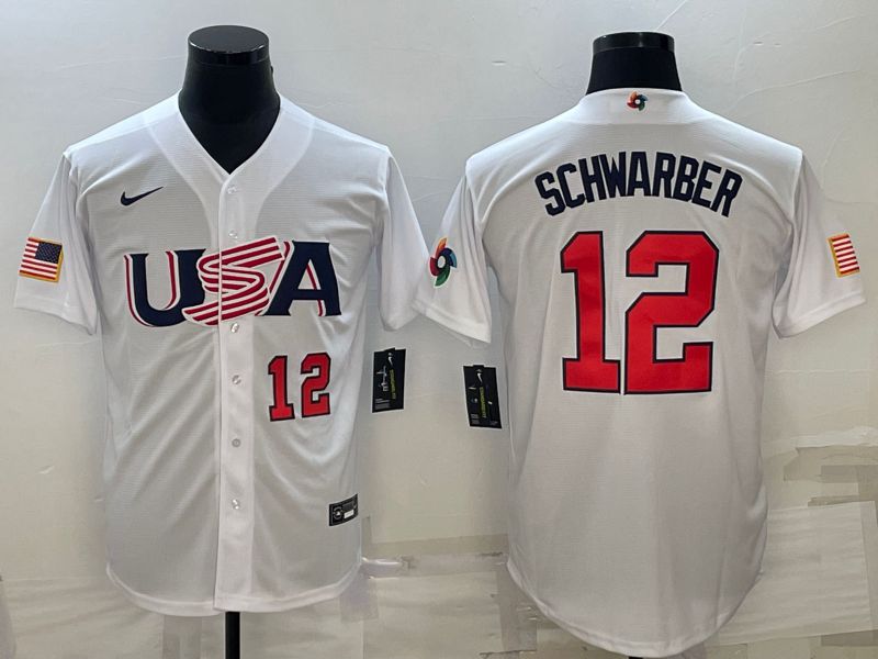 Men 2023 World Cub USA 12 Schwarber White Nike MLB Jersey5